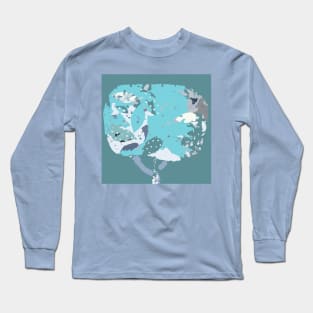 Denim tree fiber art in shades of blue gray white Long Sleeve T-Shirt